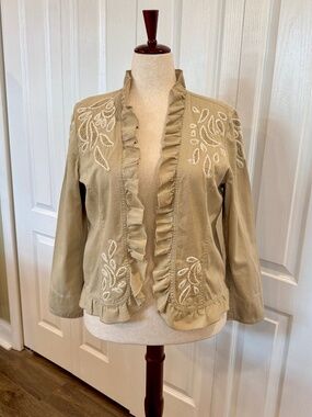Chico's 100% Cotton Boho Jacket Size 2 (12) Khaki, Ruffles, Embroidered Paisley